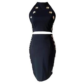 Autre Marque Fabuloso conjunto falda top ANDREA MORANDO negro con tachuelas plateadas