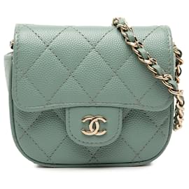 Chanel Verde Micro Mini Clásico Caviar Solapa Simple