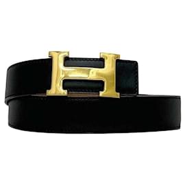 Cinturón H de Hermès en cuero negro y marrón