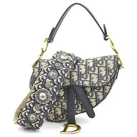 Borsa a sella in tela e pelle blu navy Christian Dior