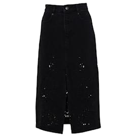 Saia midi de denim preto Richelieu com fenda frontal Farm Rio