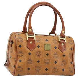 Borsa Boston Vicetos Logogram MCM in pelle PVC marrone e oro Auth BA11007