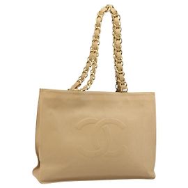 CHANEL Tote Bag Leder Beige Gold CC Auth bs32770