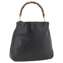 Bolsa de Ombro de Couro Gucci Bamboo Preta e Dourada Auth 173820