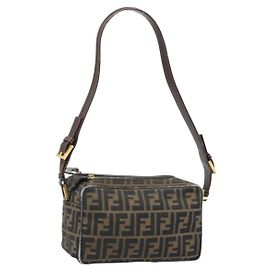 Borsa a spalla in tela Zucca FENDI marrone nera Auth LNZ068