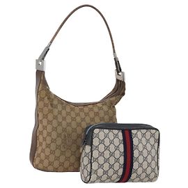 Gucci Borsa a mano GG Supreme GG in tela PVC 2 pezzi Navy Beige Auth fm5165
