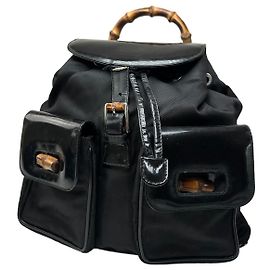 Mochila de cuero patentado vintage de Gucci con bambú negro