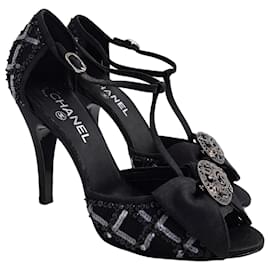 Chanel 09P Spilla CC rimovibile Nera Paillettes Fiocco Tacchi EU 40