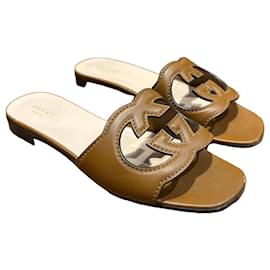 Gucci Brown Leather GG Marmont Slide Sandals