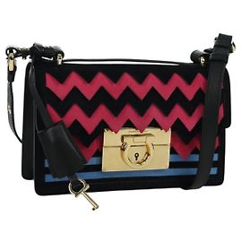 Borsa a Spalla Gancini in Camoscio Nero Rosa Oro Auth ARZ419M di Salvatore Ferragamo