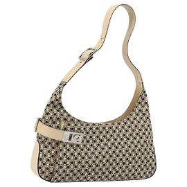Borsa a Spalla Gancini in Tela Beige Argento Salvatore Ferragamo Auth ka2988