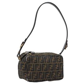 Borsa a Spalla in Tela Zucca FENDI Marrone Nero Auth LNZ213