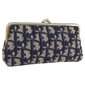Bolso Gamaguchi de lona Trotter Christian Dior Navy Oro Auth BA10970