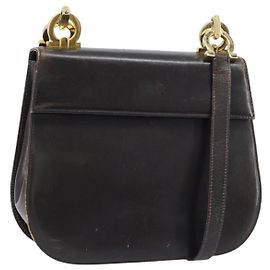 Salvatore Ferragamo Borsa a Spalla Gancini in Pelle Marrone Scuro Oro Auth LNZ544