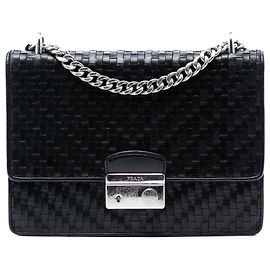 Prada schwarze geflochtene Madras-Leder-Kettenumhängetasche