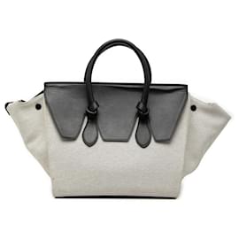 Céline Borsa a mano piccola bicolore in tela e pelle di vitello grigia Celine con nodo cravatta