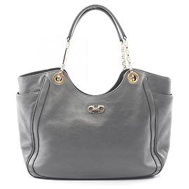 Borsa Tote Double Gancini in Pelle Grigia Salvatore Ferragamo