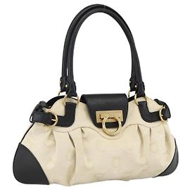 Bolso de mano Salvatore Ferragamo de lona beige y negro Auth ka2979
