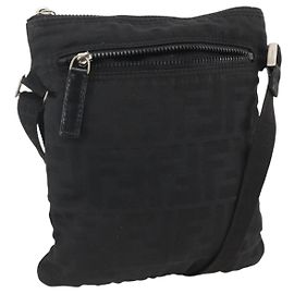 Borsa a Spalla in Tela Zucca FENDI Nera Argento Auth 166831