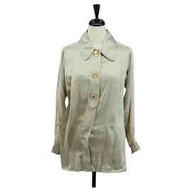 CHANEL COCO Marca Blusa Camiseta de Manga Larga de Seda Talla 38 Beige CC Auth ARZ187V