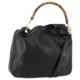 Bolsa de Ombro de Couro Gucci Bamboo 2way Preto Dourado 001 1014 1577 Auth 172306