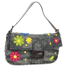 Sac à bandoulière Mamma Baguette en laine grise à motif floral FENDI Argent Auth 168312SAV