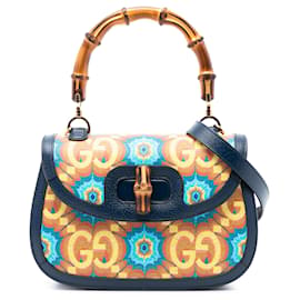 Borsa a mano media in tela GG rivestita blu Gucci 100° anniversario Kaleidoscope 1947 con manici in bambù
