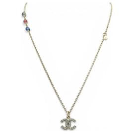 NUOVO COLLANA CHANEL LOGO CC STRASS PERLE MULTICOLORI 59,5CM ORO - Chanel