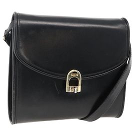 Gucci Bolso de Hombro de Cuero Negro y Dorado Auth 174014