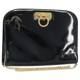 Borsa Gancini Chain Salvatore Ferragamo Pelle verniciata Nera Oro Auth 166240