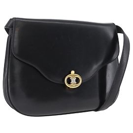 Céline Bolsa de Ombro de Couro Preta e Dourada Auth ka2969
