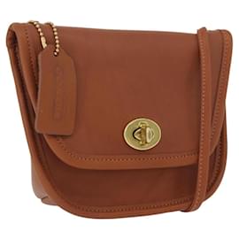 Borsa a spalla in pelle marrone con chiusura Turn Lock Coach, oro, Auth mr1507