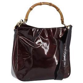Borsa a Mano GUCCI Bamboo Pelle Verniciata 2 in 1 Marrone Oro 001 1705 1638 Auth ti3749