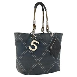 Borsa Tote CHANEL in tela blu navy con CC argento Auth bs33826