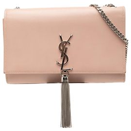 Saint Laurent Rosa Medio Pelle di Vitello Liscia Classica Monogramma Kate Borsa a Tracolla con Frange