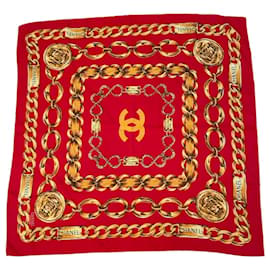Pañuelo de seda Chanel Rojo con Estampado de Cadena y Monedas