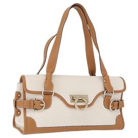 Borsa a mano Gancini in PVC Canvas Bianco Oro Auth 172375 di Salvatore Ferragamo