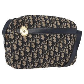 Borsa a Spalla in Tela Trotter Christian Dior Blu Navy Oro Auth 166990