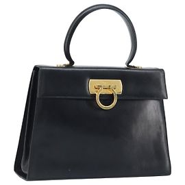 Borsa a mano Gancini in pelle nera e oro Salvatore Ferragamo Auth ka2938