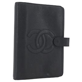 Cubierta de Planificador CHANEL Piel Caviar Negro Oro CC Auth BA10875