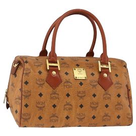 MCM Vicetos Logogram Borsa a Mano in Pelle PVC Marrone Oro Auth bs33817