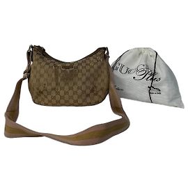 Borsa multiuso in tela monogramma Gucci croissant vintage oro beige