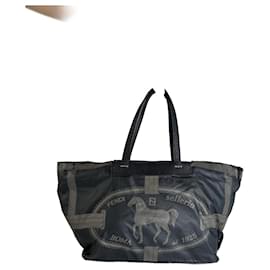 Vintage Fendi Selleria Denim Tote Bag Marine Schwarz Grau