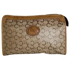 Céline Clutch in pelle beige e marrone con logo Triomphe Cariage di Celine Paris vintage