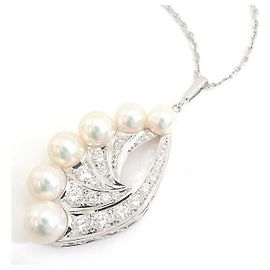 Mikimoto K14 White Gold Feather Motif Pearl Diamond Necklace