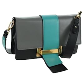 Prada Bolsa de Ombro de Couro Cinza Dourado Auth 173314V