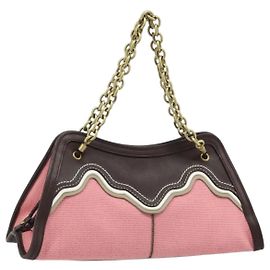 BOTTEGA VENETA Chain Hand Bag Leather Canvas 2way Outlet Pink Gold Auth ARZ067V