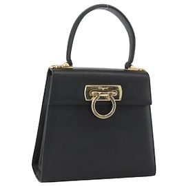 Borsa a mano in pelle nera e oro Gancini di Salvatore Ferragamo Auth ka2959