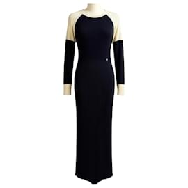CHANEL 2019 MAXI SCHWARZ CREME WOLLE KLEID GRÖSSE FR 44
