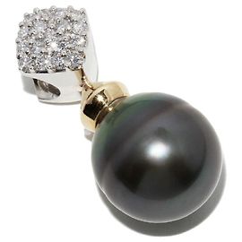 Autre Marque Pendente in perla barocca semi nera Pt900 K18YG 12,9 mm, diamante 0,30 ct